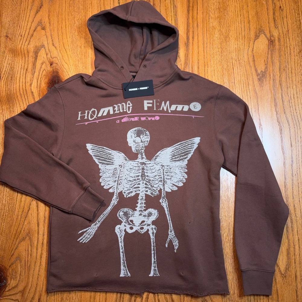 Homme Femme Skeleton Graphic Hoodie Mens XS Brown Streetwear Distress Oversized